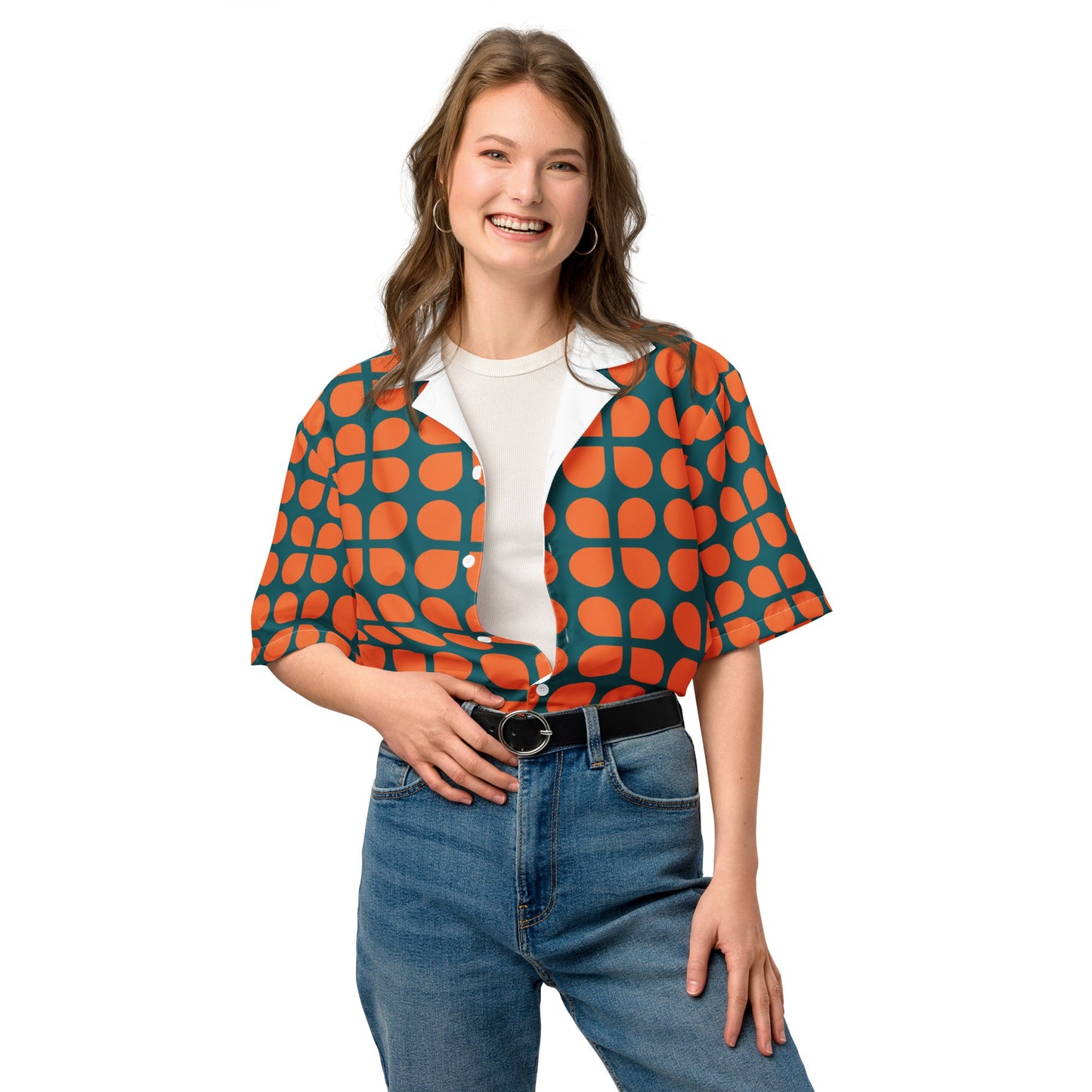 Geometric Pattern Unisex Button Shirt in Orange and Sherpa Blue - PratSN