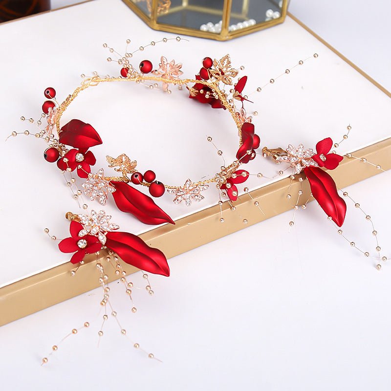 Girl Red Hair Pin Flower Hair Clips Earrings Set Headdress - PratSN