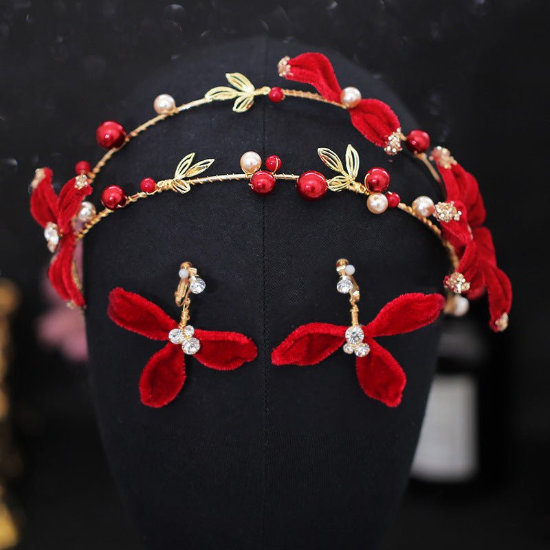 Girl Red Hair Pin Flower Hair Clips Earrings Set Headdress - PratSN