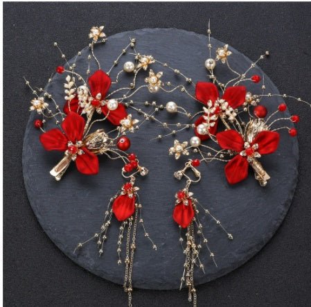 Girl Red Hair Pin Flower Hair Clips Earrings Set Headdress - PratSN