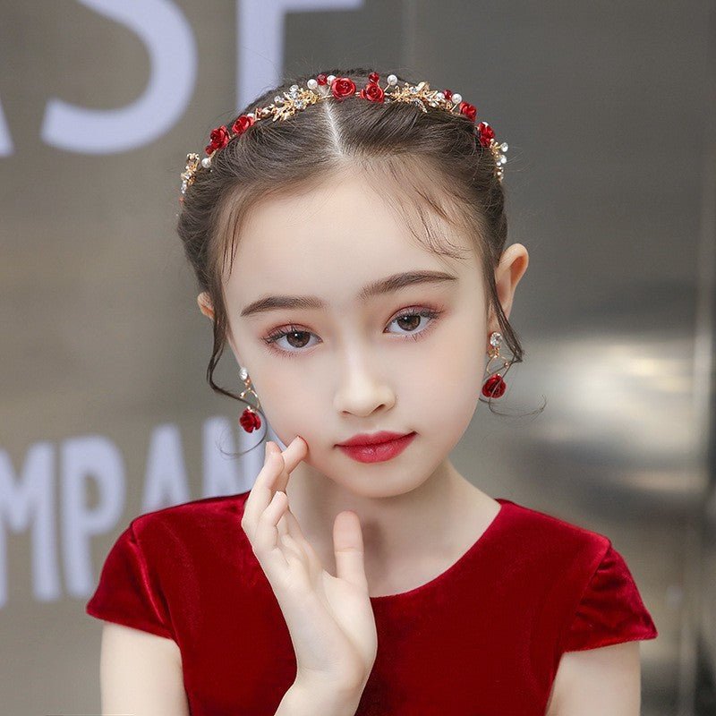 Girl Red Hair Pin Flower Hair Clips Earrings Set Headdress - PratSN