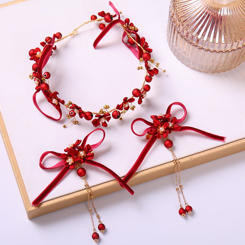 Girl Red Hair Pin Flower Hair Clips Earrings Set Headdress - PratSN