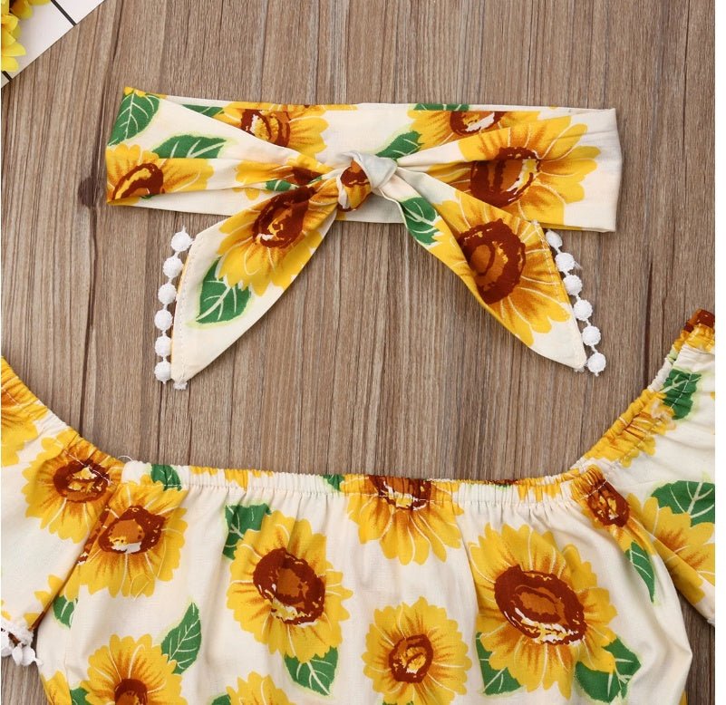 Girl Sunflower Print One - Shoulder Top Triangle Shorts Suit - PratSN