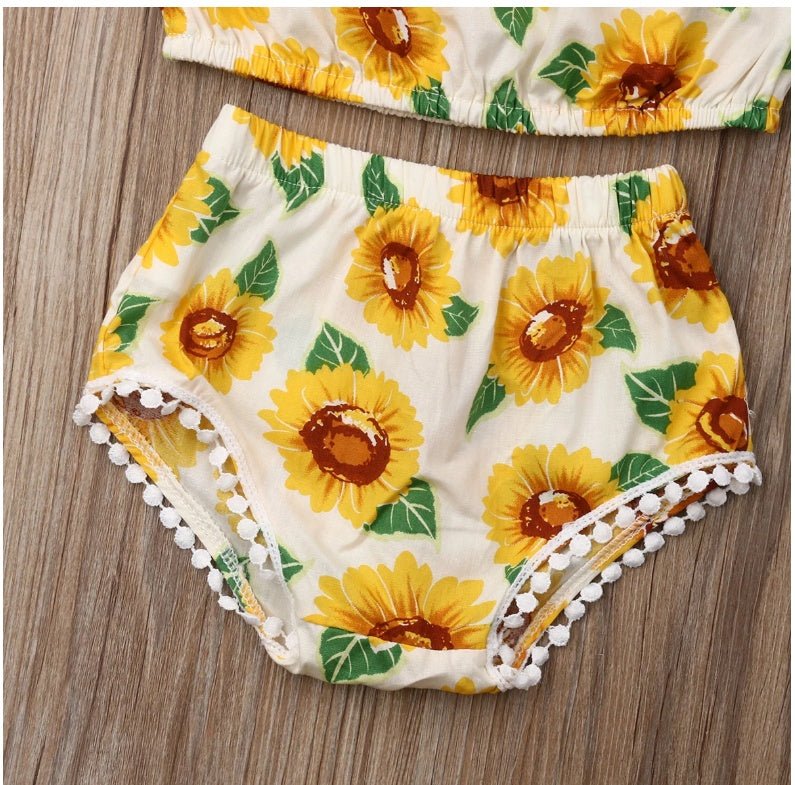 Girl Sunflower Print One - Shoulder Top Triangle Shorts Suit - PratSN