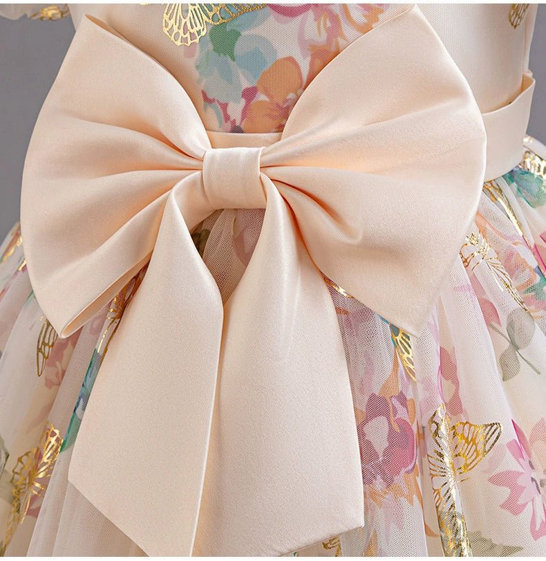 Girl Western Style Dress 2024 New Sweet Mesh Floral Dress Cute Puff Sleeves Princess Dress Birthday Dress - PratSN
