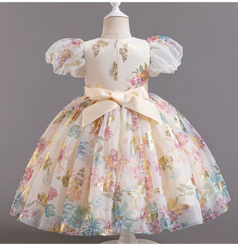 Girl Western Style Dress 2024 New Sweet Mesh Floral Dress Cute Puff Sleeves Princess Dress Birthday Dress - PratSN