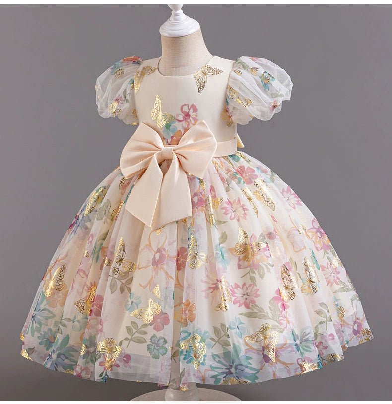 Girl Western Style Dress 2024 New Sweet Mesh Floral Dress Cute Puff Sleeves Princess Dress Birthday Dress - PratSN