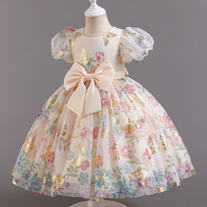 Girl Western Style Dress 2024 New Sweet Mesh Floral Dress Cute Puff Sleeves Princess Dress Birthday Dress - PratSN