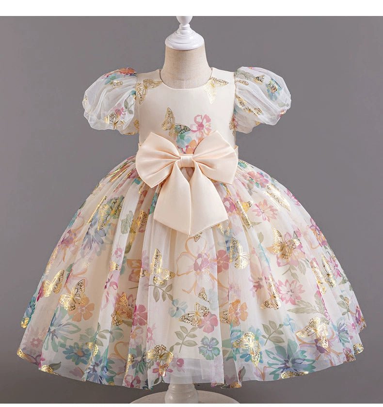 Girl Western Style Dress 2024 New Sweet Mesh Floral Dress Cute Puff Sleeves Princess Dress Birthday Dress - PratSN