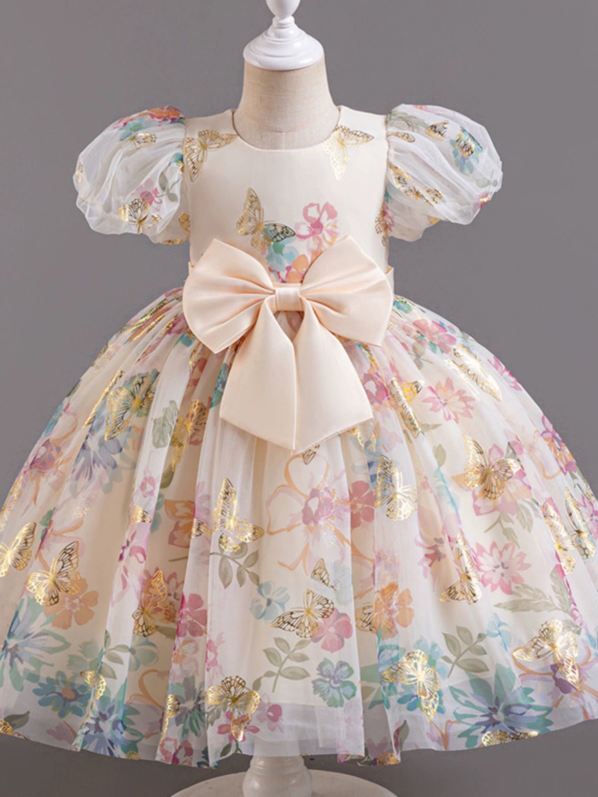 Girl Western Style Dress 2024 New Sweet Mesh Floral Dress Cute Puff Sleeves Princess Dress Birthday Dress - PratSN
