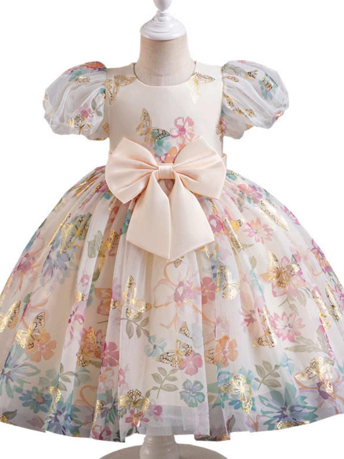 Girl Western Style Dress 2024 New Sweet Mesh Floral Dress Cute Puff Sleeves Princess Dress Birthday Dress - PratSN