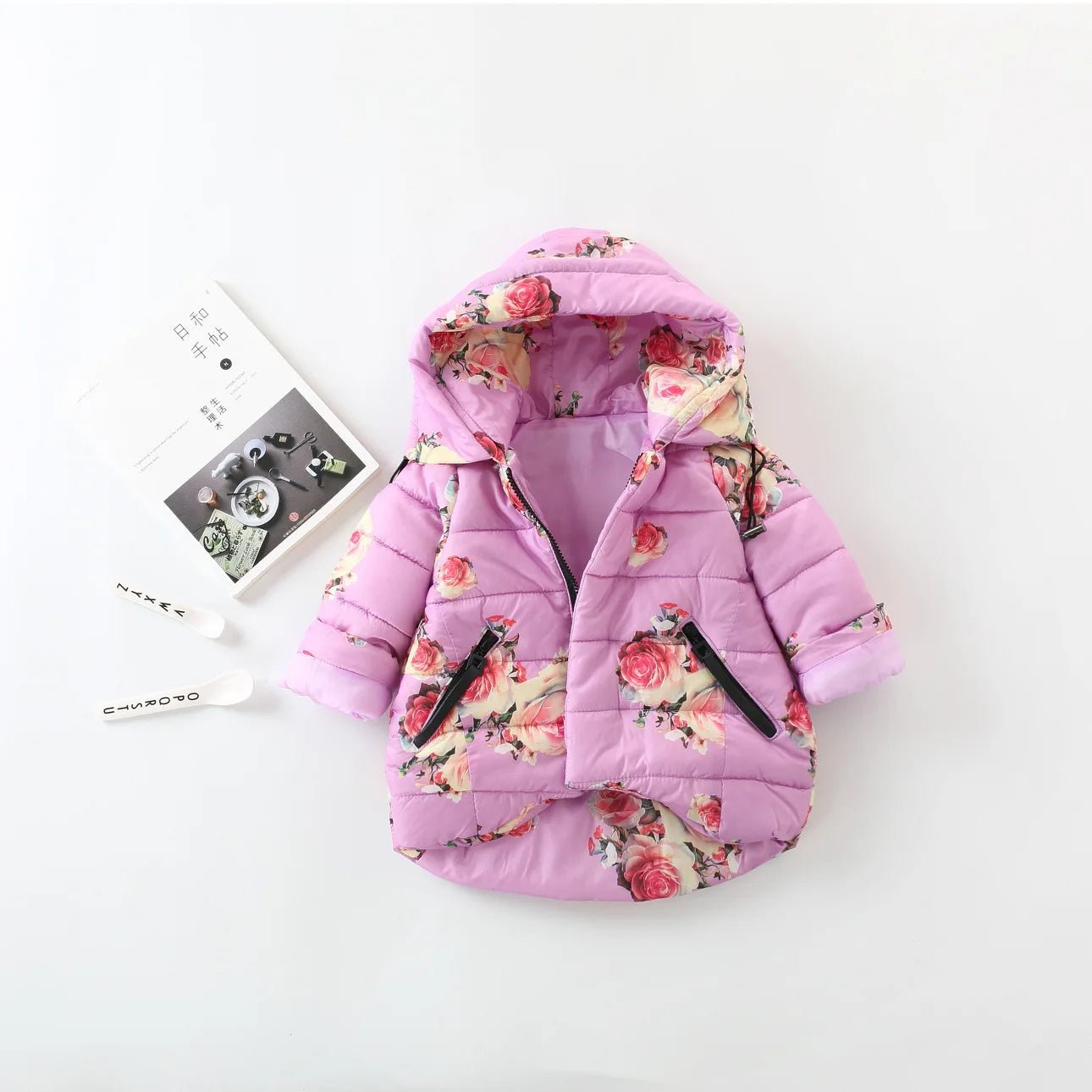 Girl's Cotton Jacket Autumn and Winter Children's Clothing Sweet Flower Print Black Zipper Decoration A - Swing Cotton Jacket - PratSN