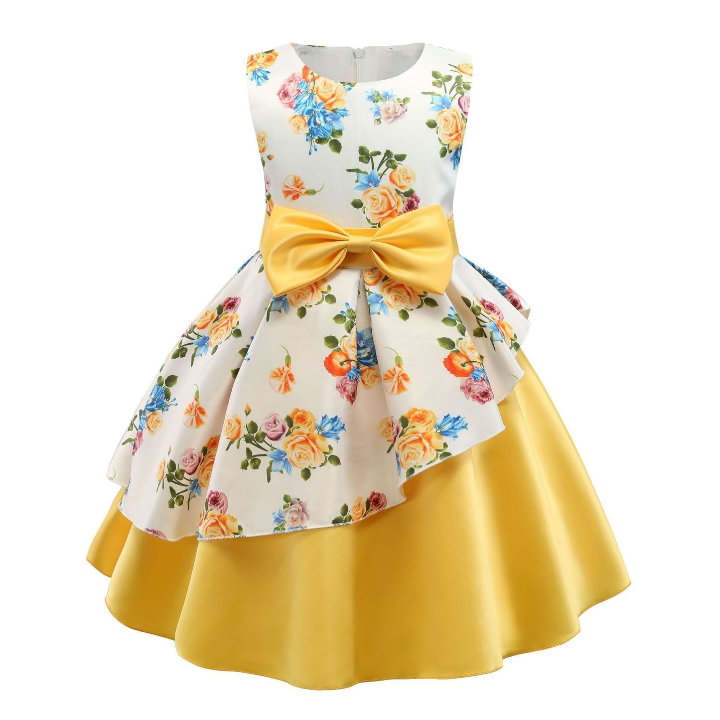Girls' dress irregular skirt print children's dress bow costume - PratSN