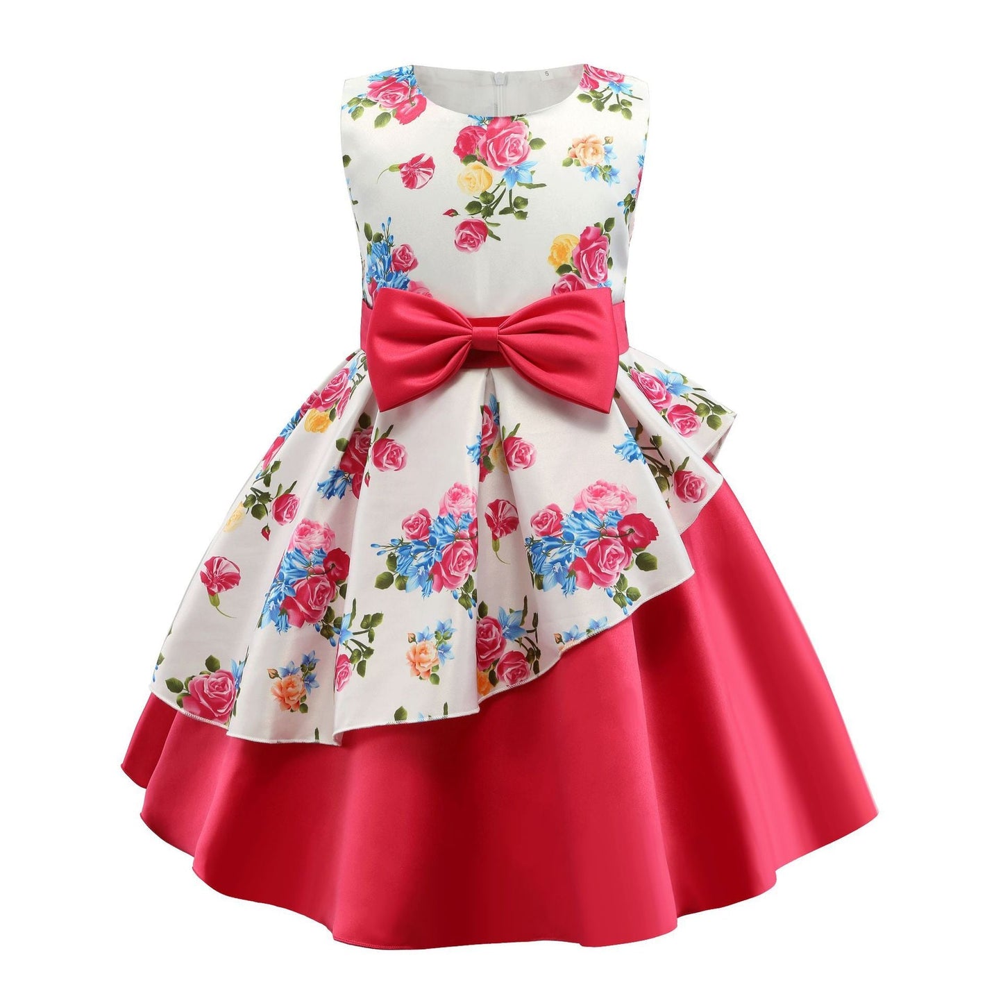 Girls' dress irregular skirt print children's dress bow costume - PratSN