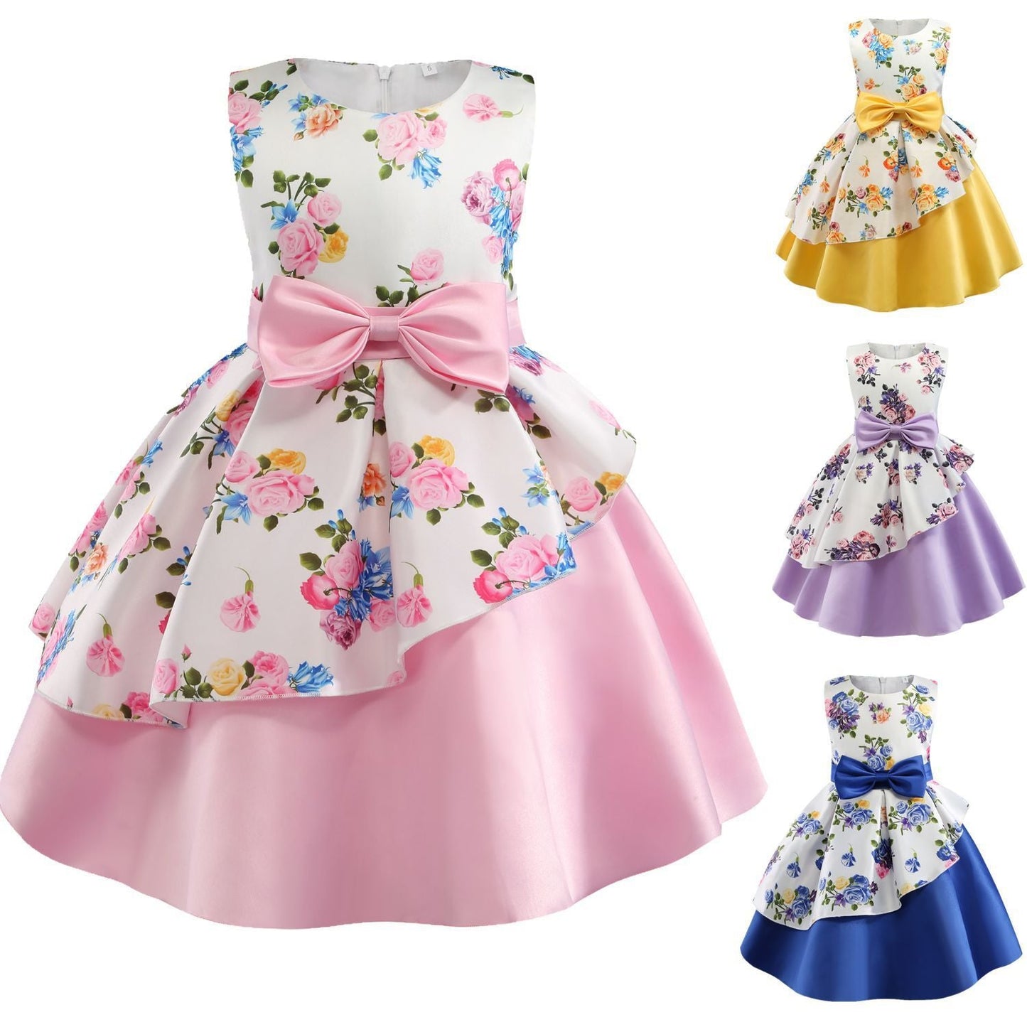 Girls' dress irregular skirt print children's dress bow costume - PratSN