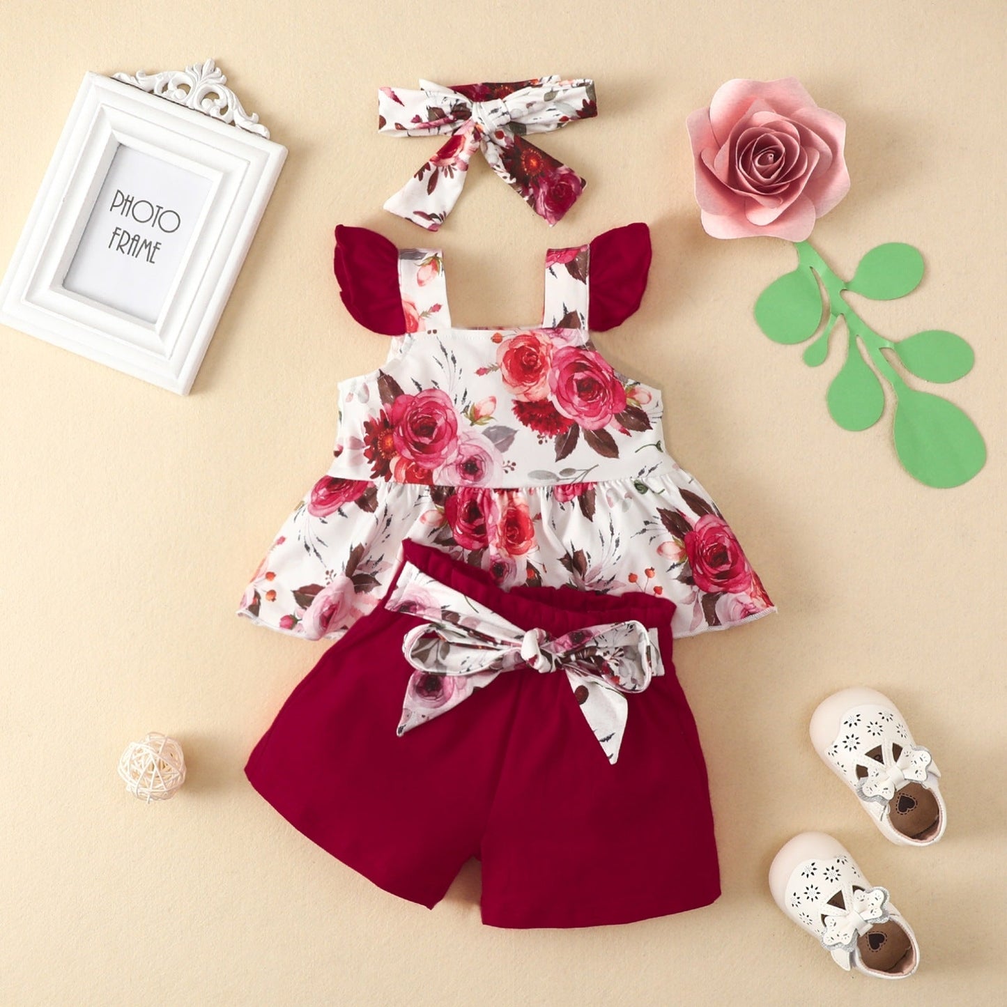 Girls' Fashion Flounced Sleeve Top And Shorts Three - piece Suit - PratSN
