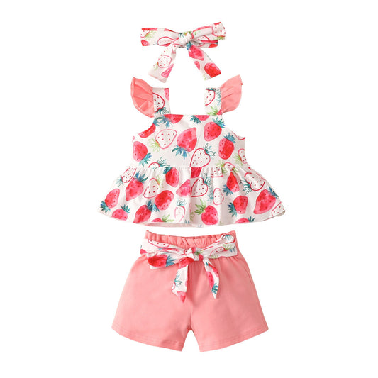 Girls' Fashion Flounced Sleeve Top And Shorts Three - piece Suit - PratSN