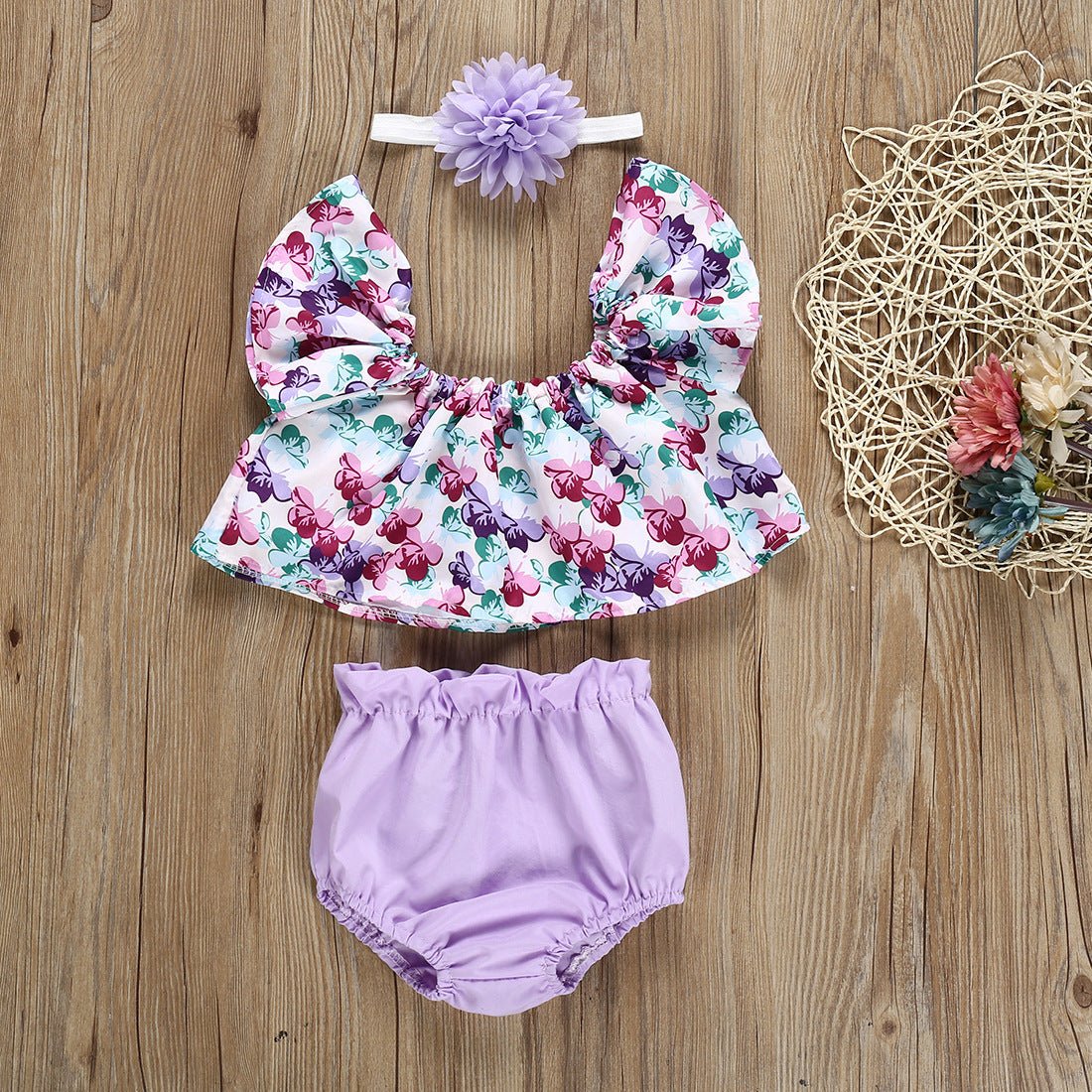 Girls' Flying Sleeves Flower Solid Color Briefs Set - PratSN