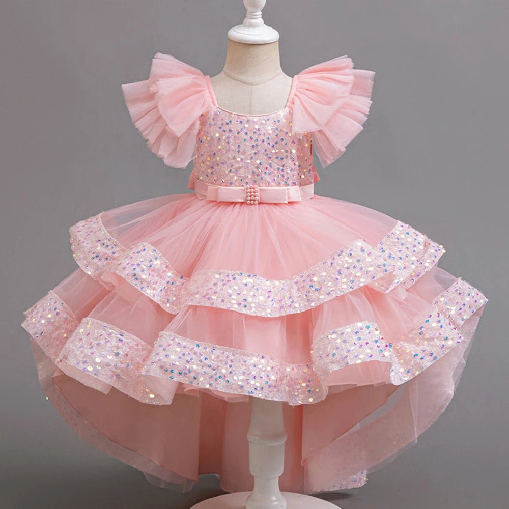 Girls Party Dresses Elegant Tulle Layered Children Long Evening Prom Gown Sequins Puffy Festive Dress for Girl - PratSN