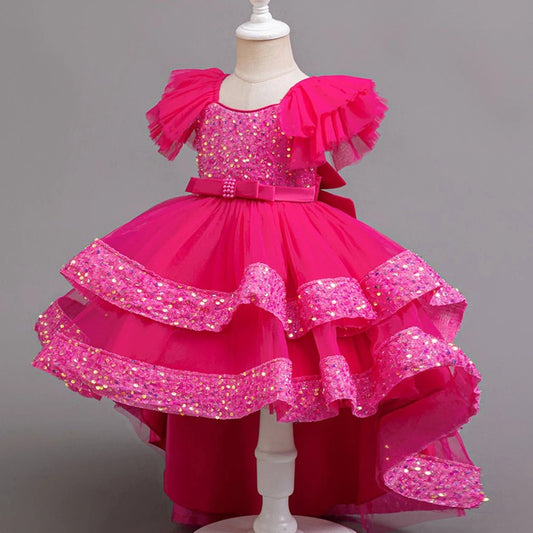 Girls Party Dresses Elegant Tulle Layered Children Long Evening Prom Gown Sequins Puffy Festive Dress for Girl - PratSN