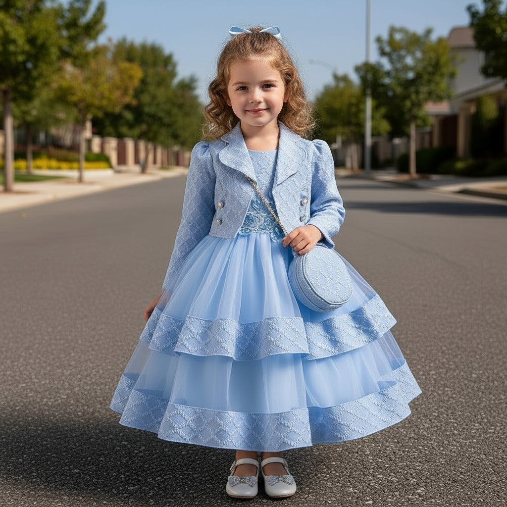 Girls Princess Puffy With Jacket Embroidered Casual Birthday Party Dress  For Toddlers Kids