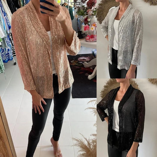 Glitter Long Sleeved Temperament Medium Length Small Suit Lapel Color Coat for Women - PratSN