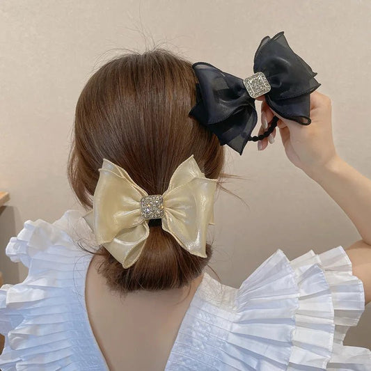 Hair Rope for Women Bow Organza Elastic Ribbon Pretty Hair Tie Ponytail Holder Hairbands Fashion Rhinestones Hair Accessories - PratSN