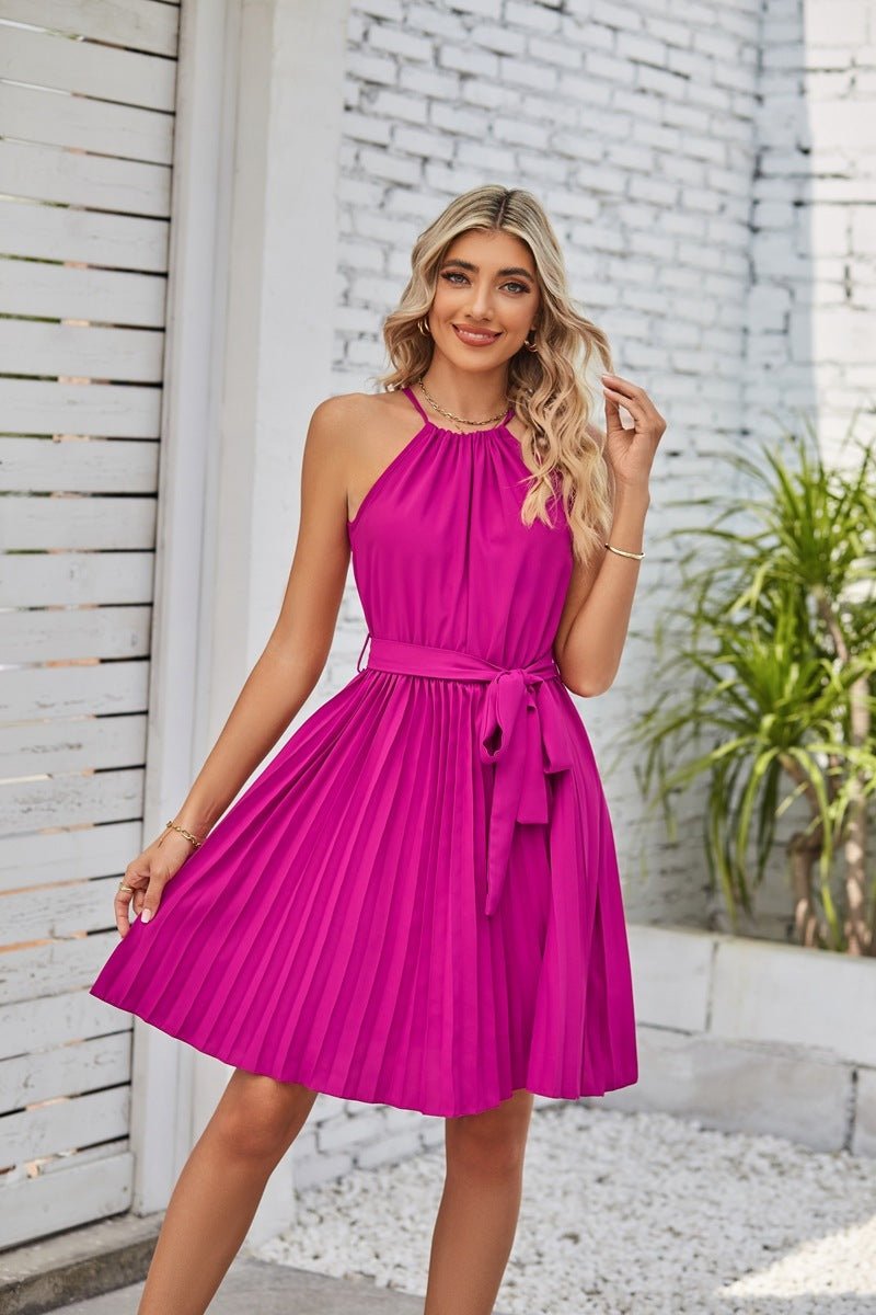 Halter Strapless Dresses For Women Solid Pleated Skirt Summer Beach Sundress - PratSN
