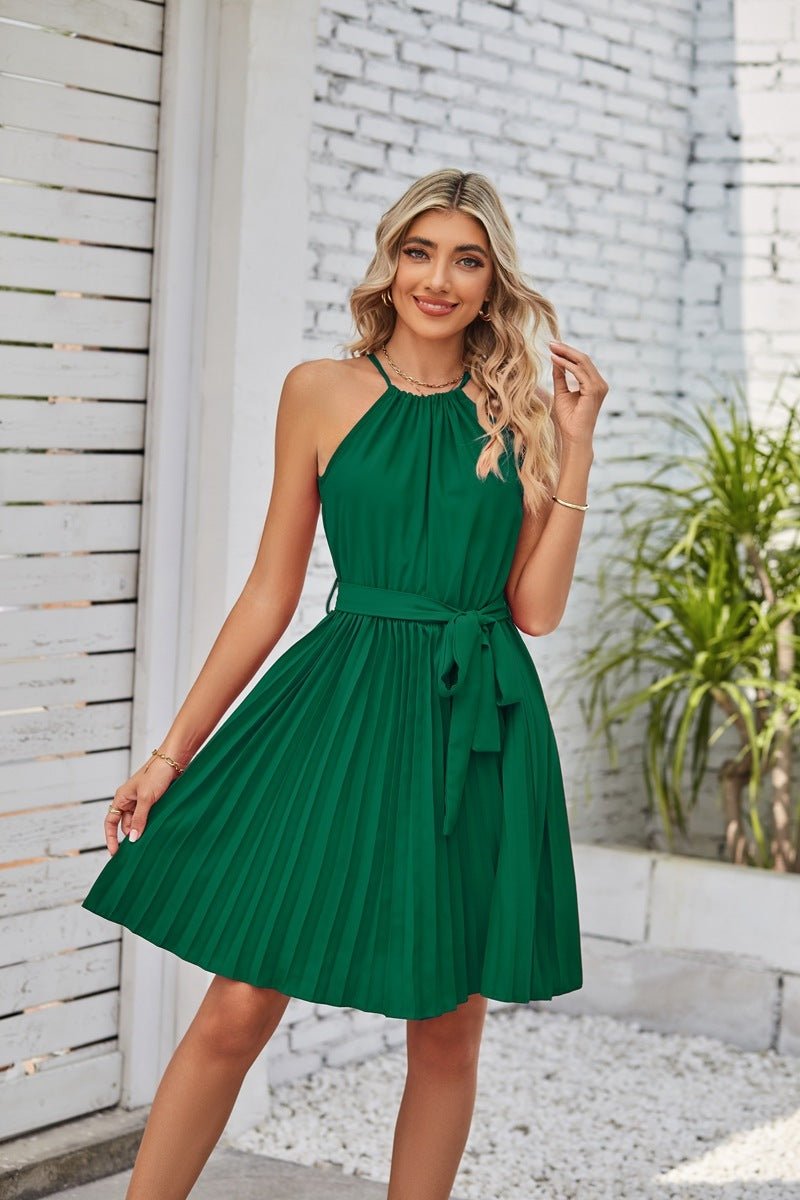 Halter Strapless Dresses For Women Solid Pleated Skirt Summer Beach Sundress - PratSN
