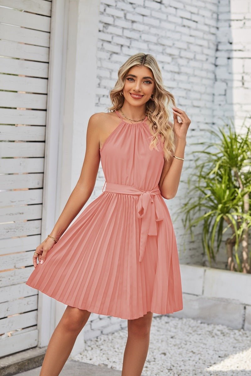 Halter Strapless Dresses For Women Solid Pleated Skirt Summer Beach Sundress - PratSN