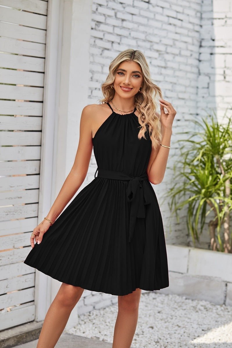 Halter Strapless Dresses For Women Solid Pleated Skirt Summer Beach Sundress - PratSN