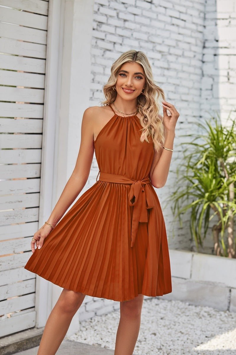 Halter Strapless Dresses For Women Solid Pleated Skirt Summer Beach Sundress - PratSN