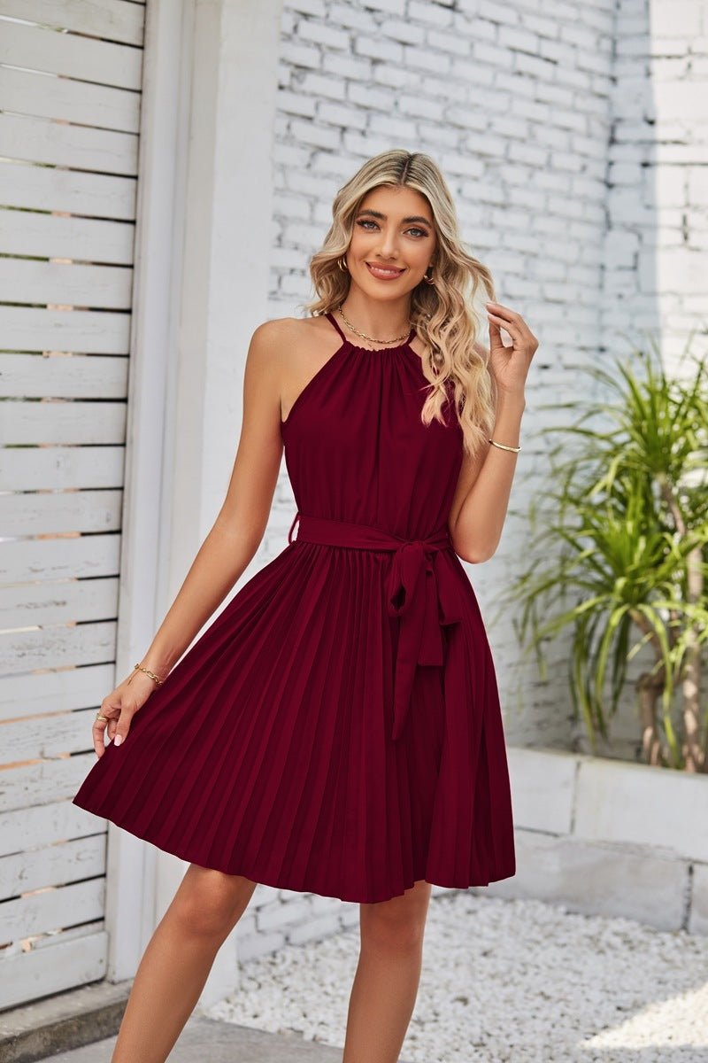 Halter Strapless Dresses For Women Solid Pleated Skirt Summer Beach Sundress - PratSN