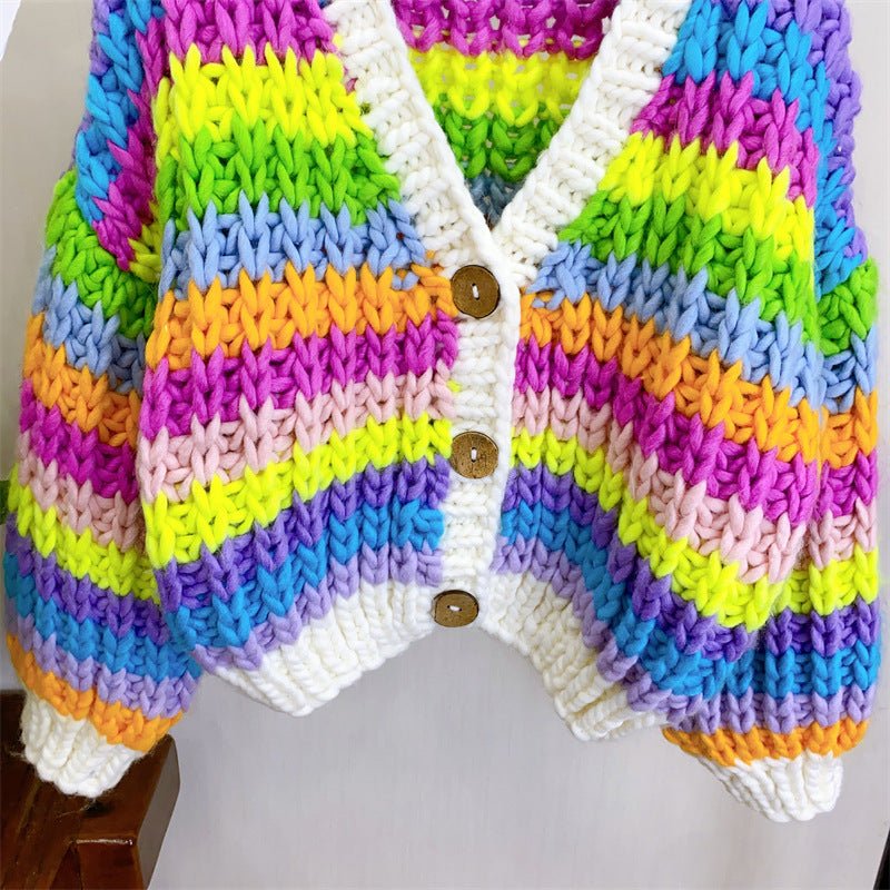 Hand - woven Rainbow Color - blocking Sweater Cardigan For Women - PratSN
