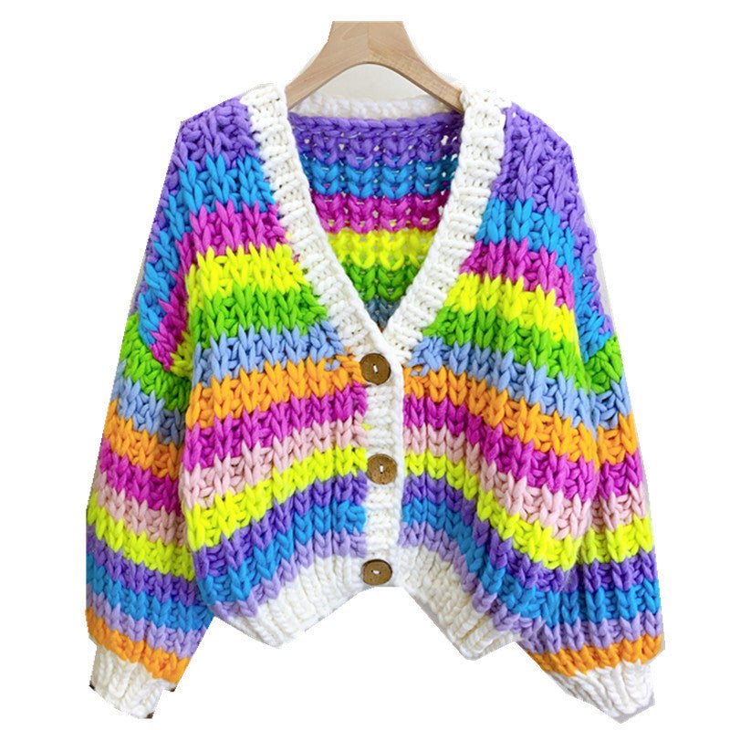 Hand - woven Rainbow Color - blocking Sweater Cardigan For Women - PratSN