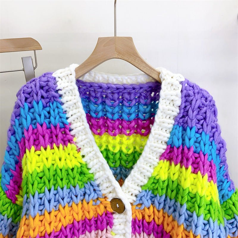 Hand - woven Rainbow Color - blocking Sweater Cardigan For Women - PratSN
