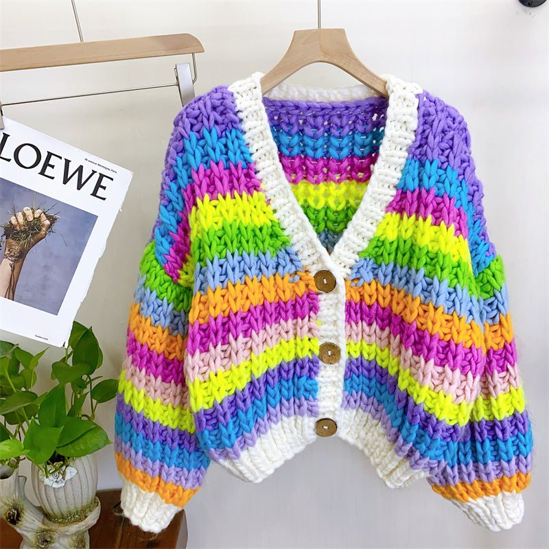 Hand - woven Rainbow Color - blocking Sweater Cardigan For Women - PratSN