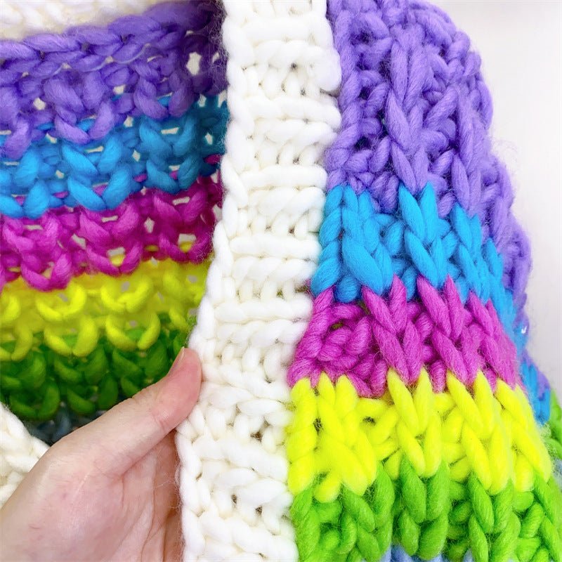 Hand - woven Rainbow Color - blocking Sweater Cardigan For Women - PratSN