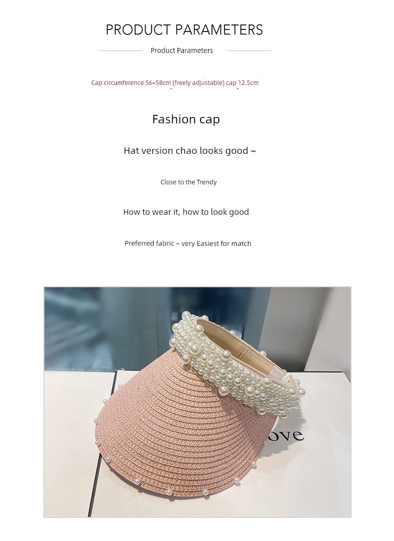 Hat Female K - style Fashion Pearl Straw Hat Female Summer Outdoor Vacation Visor Peaked Cap Sun Protection Sun Hat - PratSN