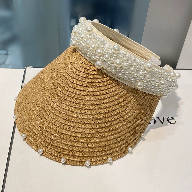 Hat Female K - style Fashion Pearl Straw Hat Female Summer Outdoor Vacation Visor Peaked Cap Sun Protection Sun Hat - PratSN
