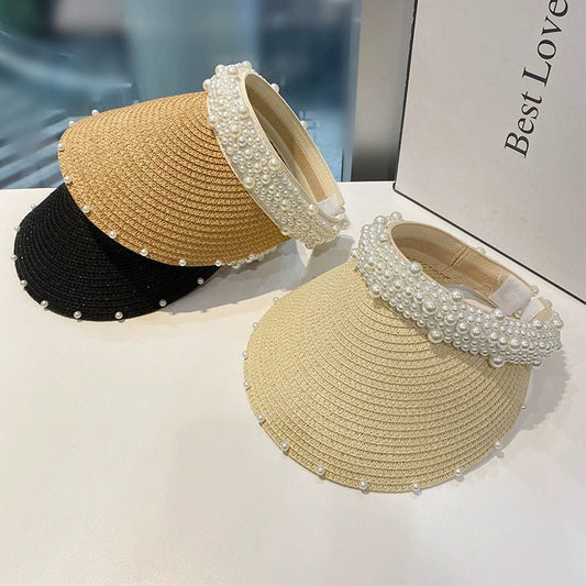 Hat Female K - style Fashion Pearl Straw Hat Female Summer Outdoor Vacation Visor Peaked Cap Sun Protection Sun Hat - PratSN