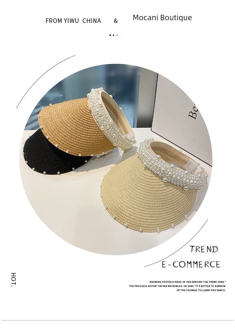 Hat Female K - style Fashion Pearl Straw Hat Female Summer Outdoor Vacation Visor Peaked Cap Sun Protection Sun Hat - PratSN
