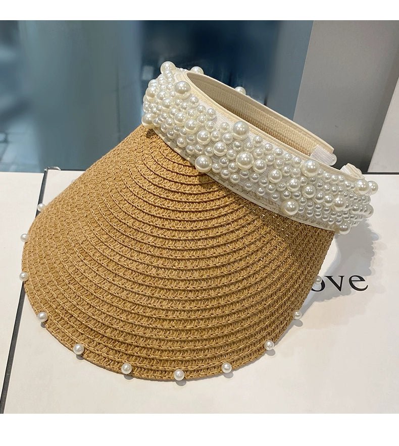 Hat Female K - style Fashion Pearl Straw Hat Female Summer Outdoor Vacation Visor Peaked Cap Sun Protection Sun Hat - PratSN