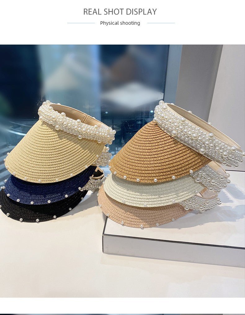Hat Female K - style Fashion Pearl Straw Hat Female Summer Outdoor Vacation Visor Peaked Cap Sun Protection Sun Hat - PratSN