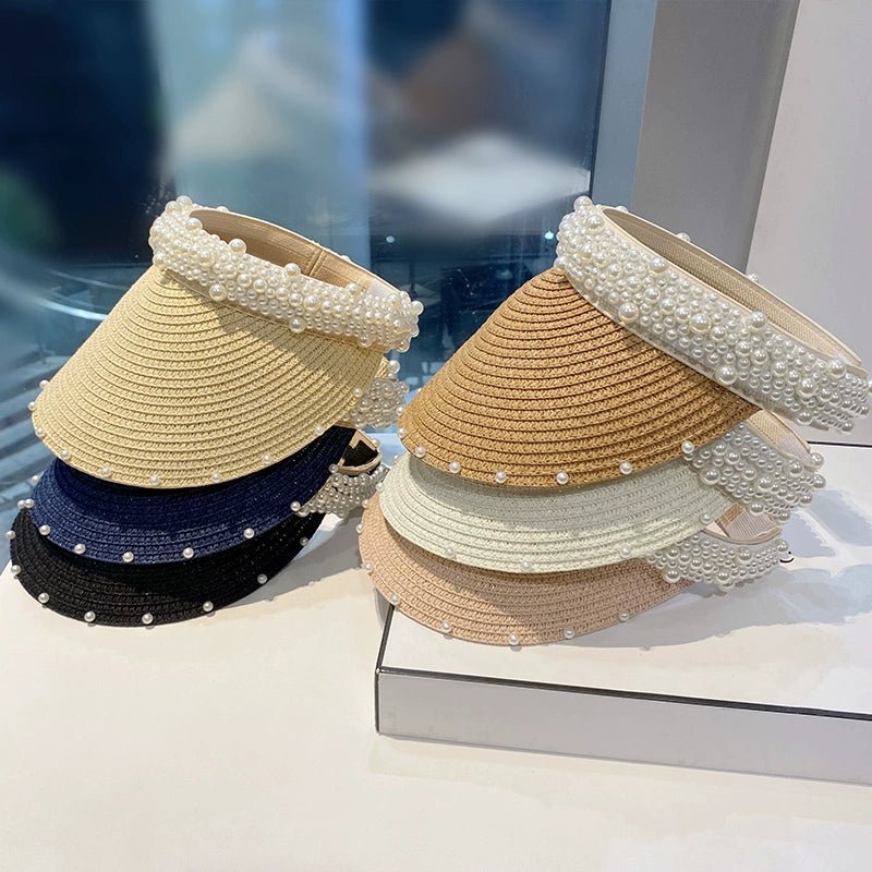 Hat Female K - style Fashion Pearl Straw Hat Female Summer Outdoor Vacation Visor Peaked Cap Sun Protection Sun Hat - PratSN