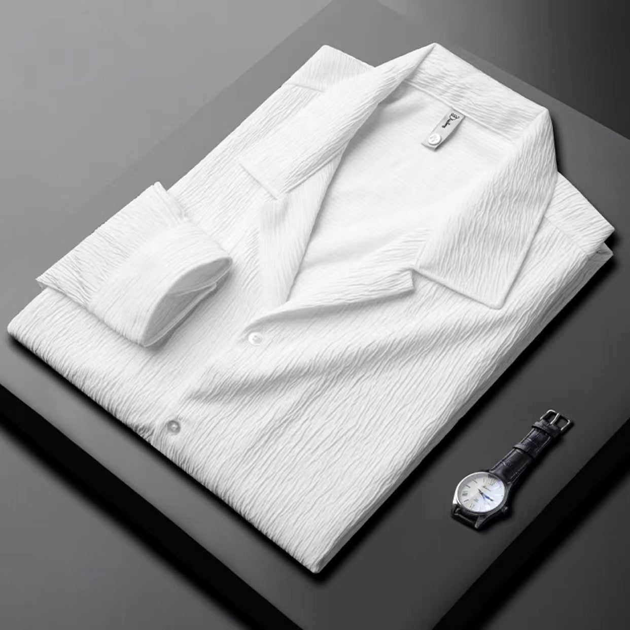 High - grade Cuban Collar Pleated Shirt Men's Long Sleeve - PratSN