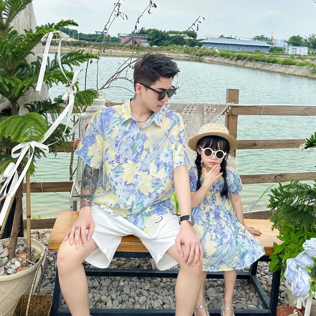 Holiday Look Family MatchingSon Floral Shirts Sister Brother Twins Clothing Clothes Vacation Mom Daughter Girls Smock Dress Dad - PratSN