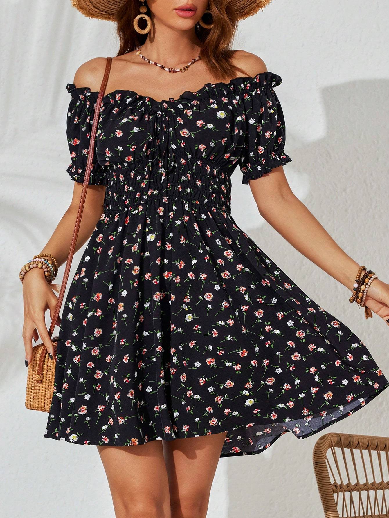 Holiday Off Shoulder Ruffle Trim High Waist Beach Dress For Women - PratSN