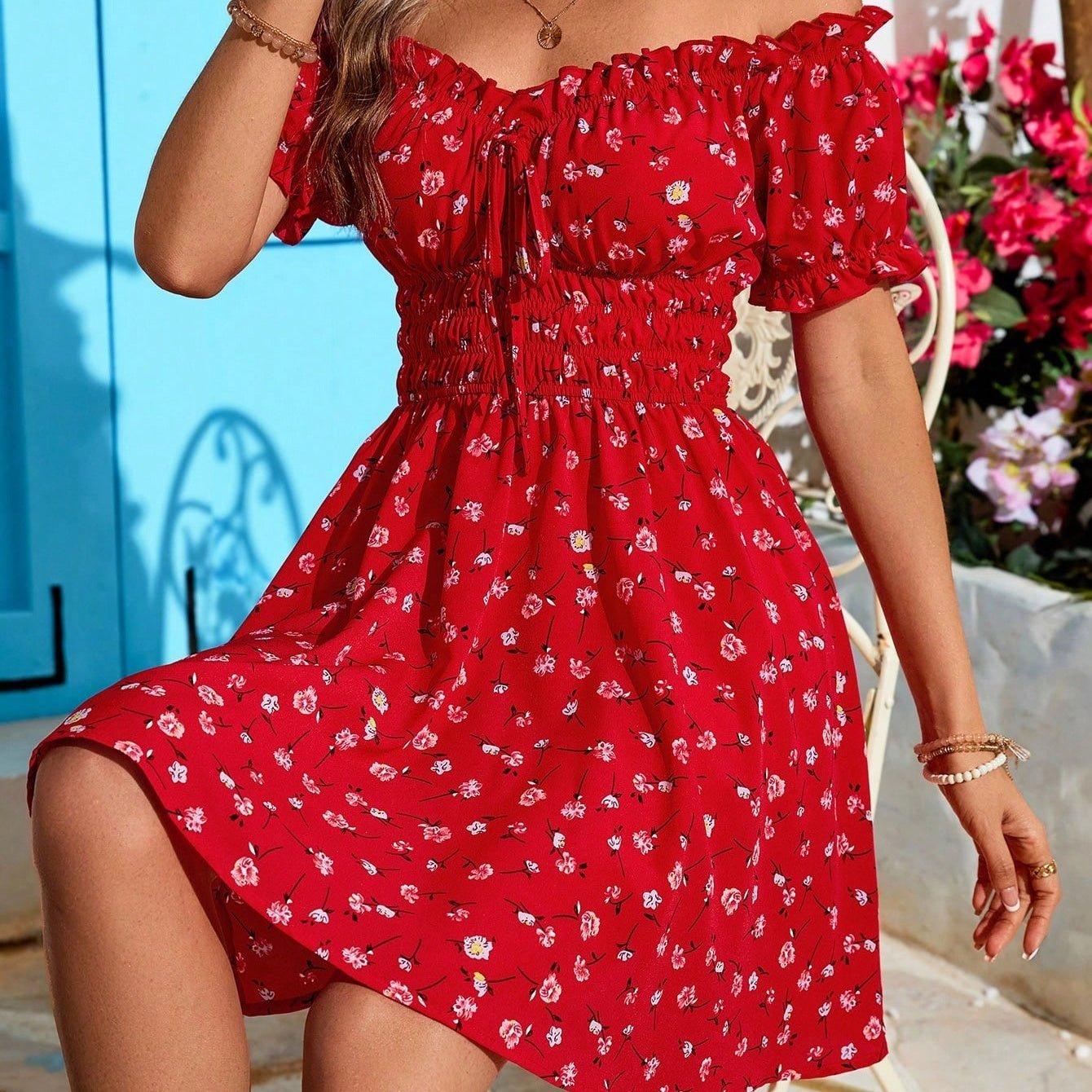 Holiday Off Shoulder Ruffle Trim High Waist Beach Dress For Women - PratSN