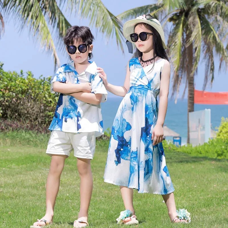 Holiday Resort Family Matching Blue Clothes Vacation Look Daughter Mom Dress Father and Son Beach Tops + Shorts 2 Piece Outfits - PratSN